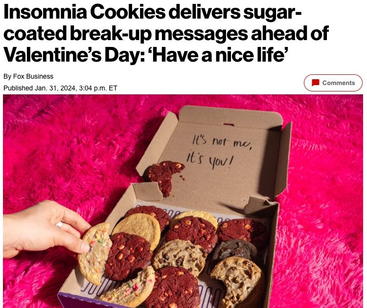 Insomnia Cookies' breakup box campaign featured on a media outlet
